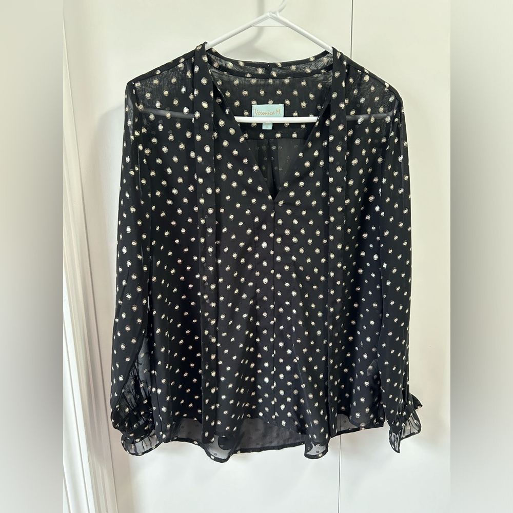 Women’s Black long sleeve blouse with gold polka dots, and ruffle sleeves, Small